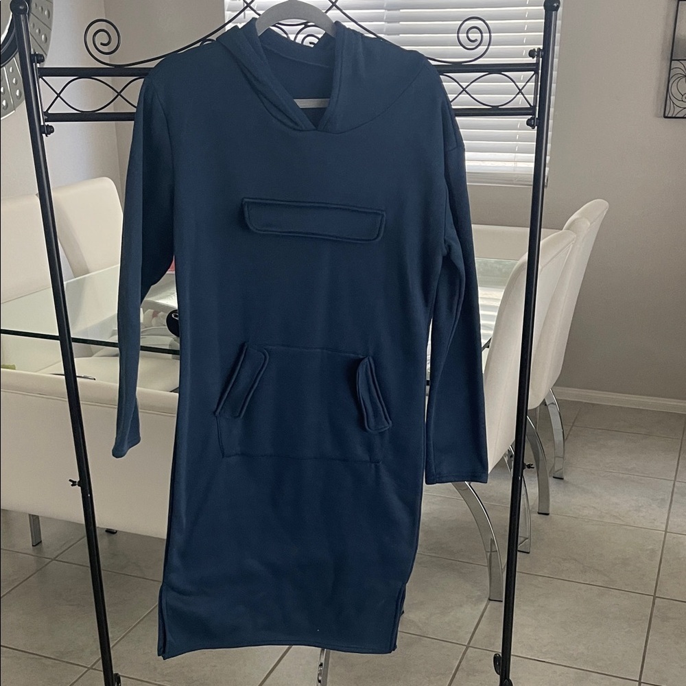 Blue Hooded Dress with Pockets